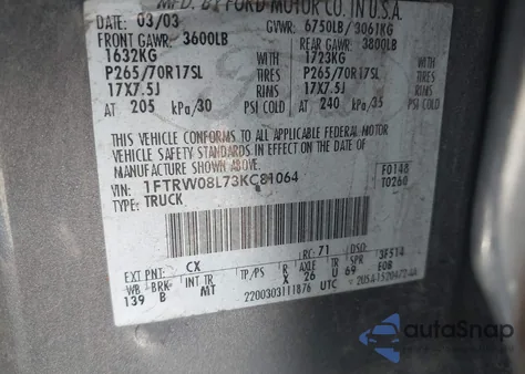 2003 Ford F-150 Lariat/Xlt from USA, damaged, VIN 1FTRW08L73KC81064